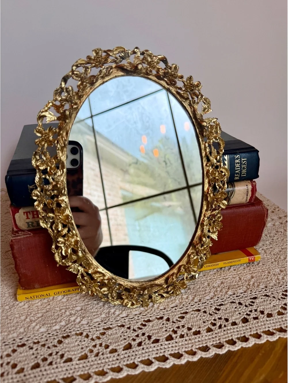 Vintage Ornate Gold Floral Bird Oval Vanity Mirror Hollywood Regency Decor